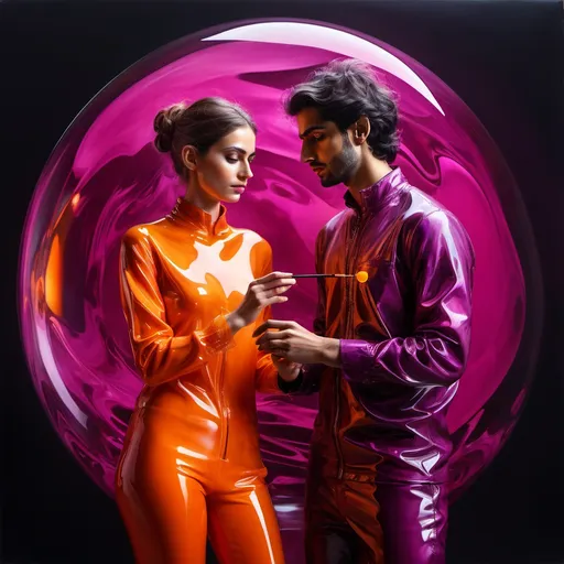 Prompt: Abstract glossy, A danish woman is paintng the a young iranian man, detailed clothing, realistic, natural lightingfluid-like transparent structures and spheres transparent magenta orange, molten glass in mid-air, dynamic, dark backdrop