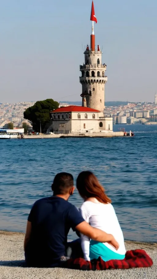 Prompt: A man and his girlfriend sitting on the beach in Istanbul in front of the Maiden's Tower, in front of which Murad Alemdar, the hero of the Valley of the Wolves series, was sitting with his girlfriend, Elif. 