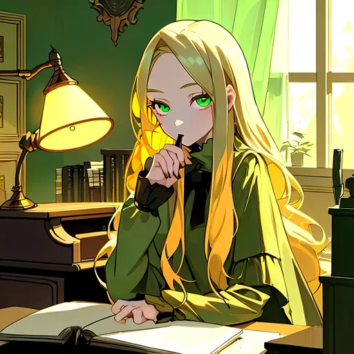 Prompt: A young girl with long blonde frizzy hair, Green eyes, alluring-looking and mature, she’s studying in her room while sitting on her desk, she’s holding a pen to her mouth,she has books nearby on the desk, her phone on the side, it’s night time and the lighting is coming from her lamp.