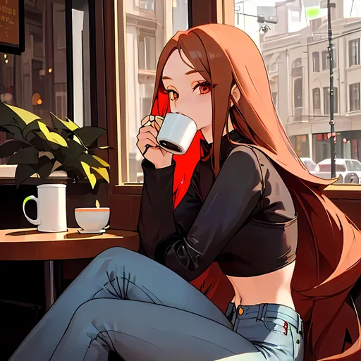 Prompt: A young girl with long straight crimson hair, brown narrow almond monolid eyes, she’s wearing a black sleeved crop top and tight gray jeans, she’s sitting at a cafe, morning time while drinking coffee. She’s sipping from her mug and eyes glancing towards the window of the cafe. She looks mature and alluring-looks.