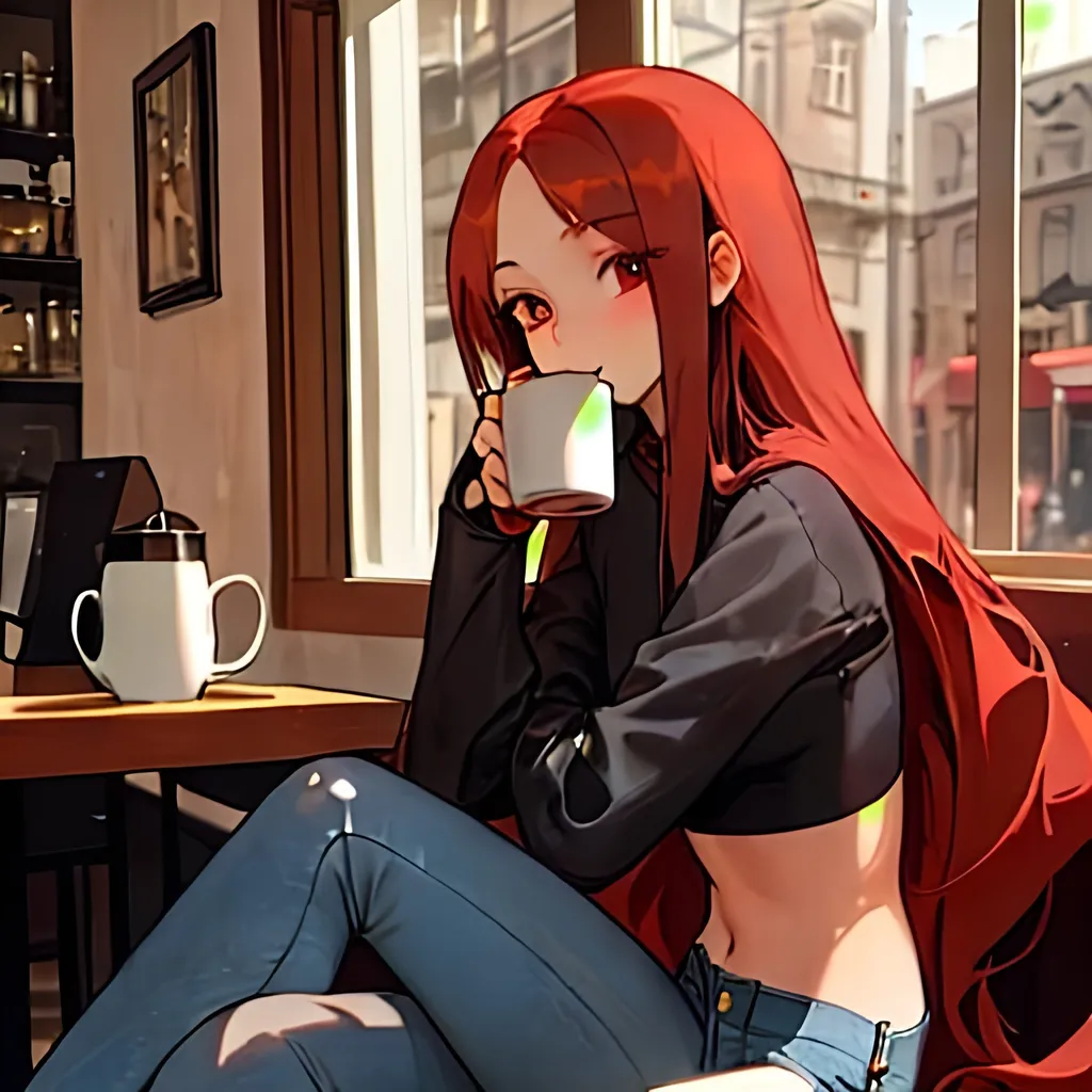 Prompt: A young girl with long straight crimson hair, brown narrow almond monolid eyes, she’s wearing a black sleeved crop top and tight gray jeans, she’s sitting at a cafe, morning time while drinking coffee. She’s sipping from her mug and eyes glancing towards the window of the cafe. She looks mature and alluring-looks.