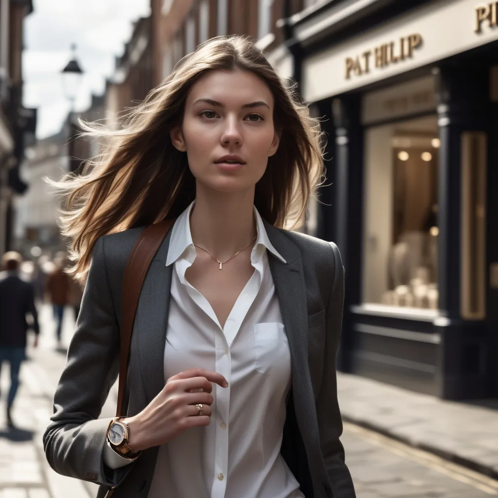 Prompt: Tall young woman walking down the high street, detailed clothing, realistic, natural lighting wearing a Patek Philippe watch. Focus on the watch as she tests the durability by smashing it in a seductive manner