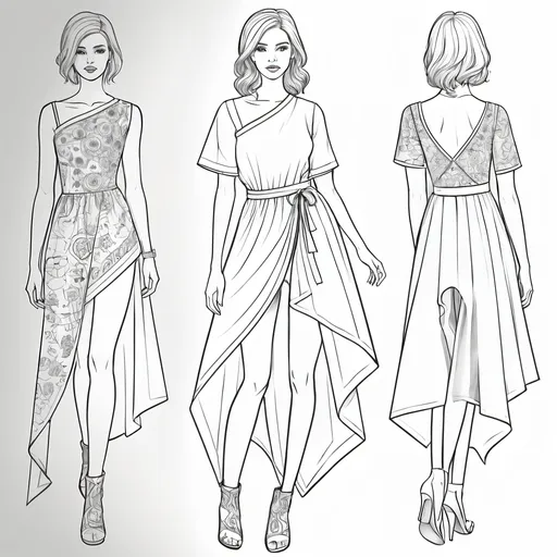 Prompt: Asymmetrical Clothing design for a coloring page