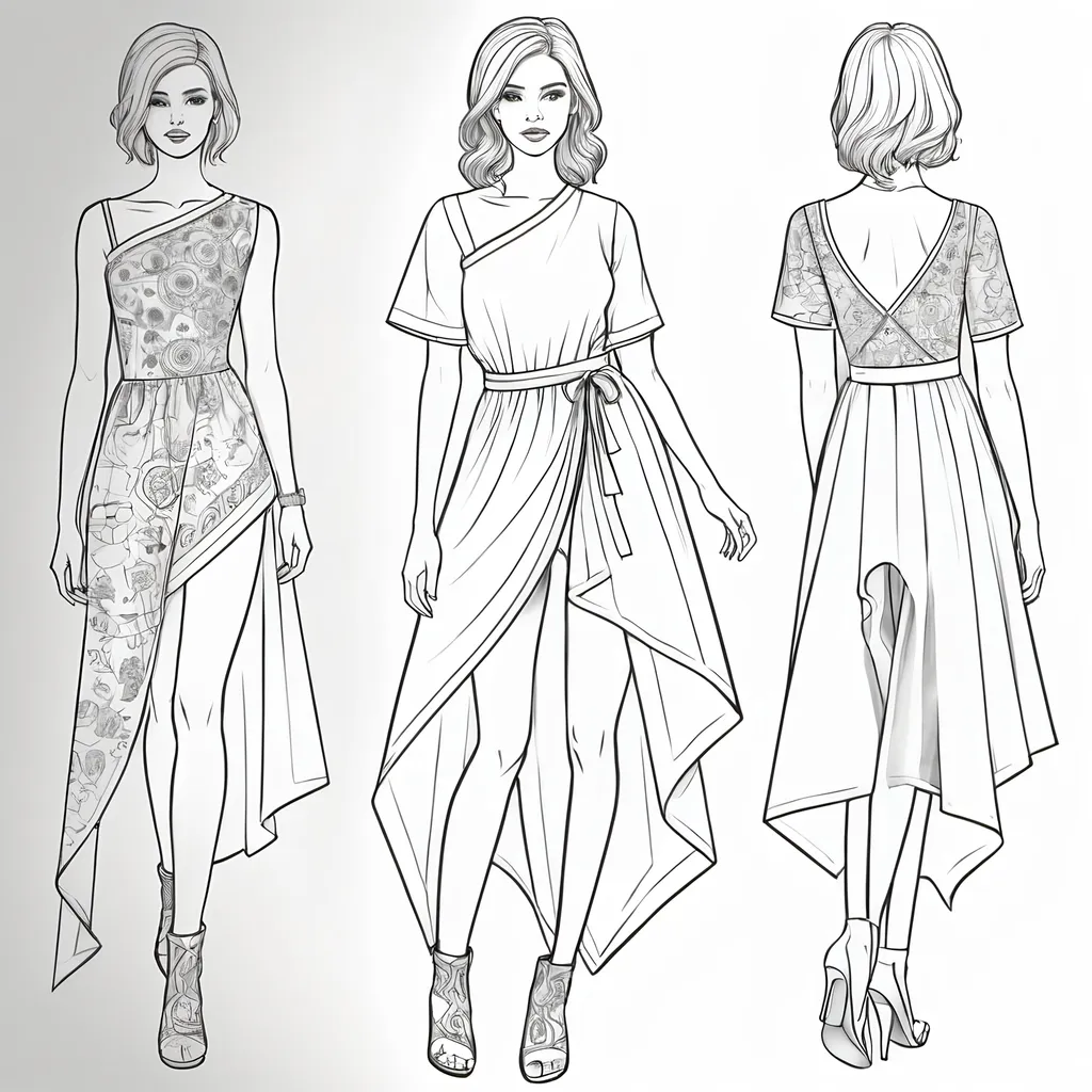 Prompt: Asymmetrical Clothing design for a coloring page