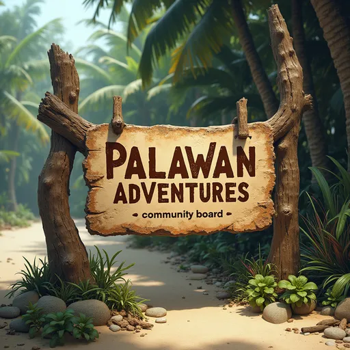 Prompt: a signage on driftwood that reads "Palawan Adventures" with "community board" written underneath in smaller text. Make it realistic