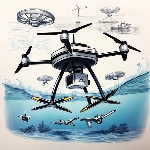 Prompt: An sketch using pencils drawing of a drone that also goes in the ocean to clean it and protect uses solar energy to work has GPS and camera and is called the ocean guardian 