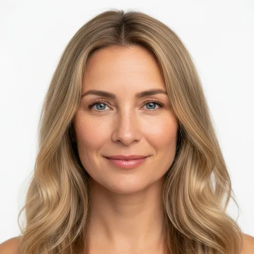 Prompt: Ultra-realistic close-up portrait of a 45-year-old olive-skinned female with long wavy blonde hair and blue eyes, showing slight freckles across her cheeks. She is front-facing with shoulders visible, softly smiling under even studio lighting. Shot with an 85mm lens for a shallow depth of field, revealing natural skin texture and visible pores. The background is seamless white, evenly lit, and free of props or distractions.