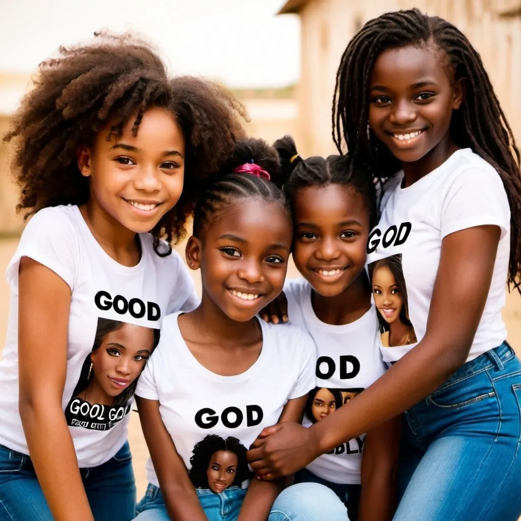 Prompt: Create Three girls one is age 14,11 and 9 beautiful African girls facing the camera the inscription of Good God boldly written on their t shirt 