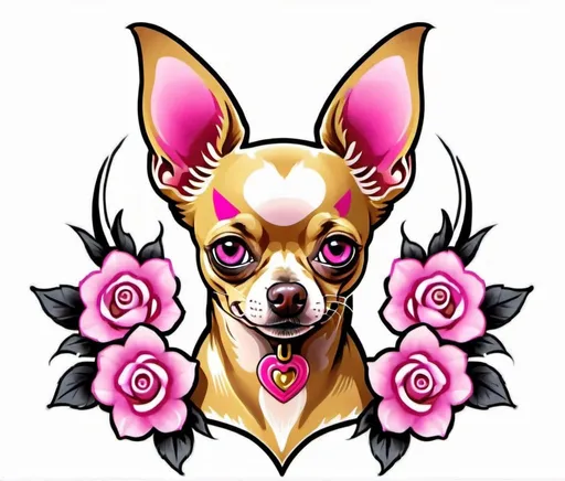 Prompt: golden chihuahua with a pink nose in neo traditional tattoo style 