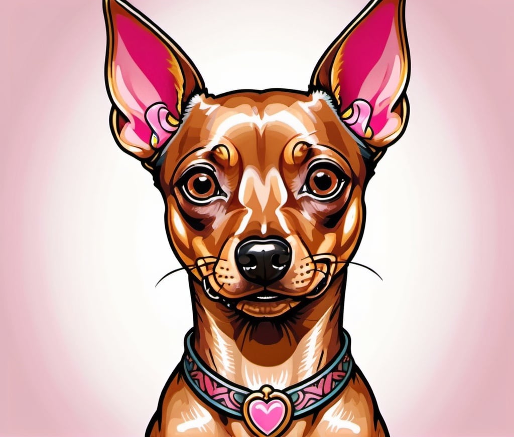 Prompt: golden miniature pinscher with a pink nose in neo traditional tattoo style 