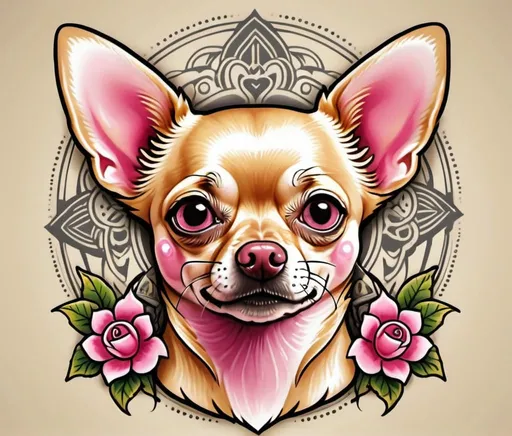 Prompt: golden chihuahua with a pink nose in neo traditional tattoo style 