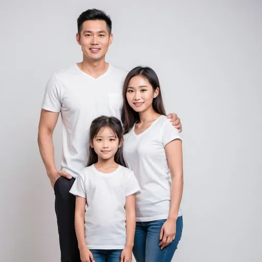 Prompt: a tall handsome Asian man with his beautiful wife and 7 year old daughter dressing in white tops