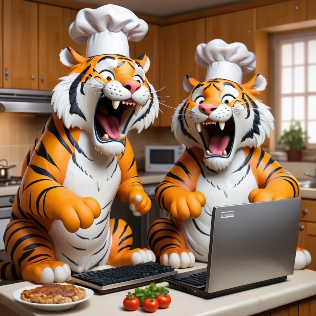 Prompt: Two tigers cooking with computers that seem excited and happy
