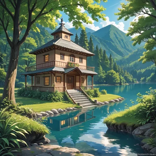 Prompt: anime style illustration, (warm color scheme), serene lake landscape, a charming house nestled by the water, vibrant reflections on the lake, gentle ripples in the water, lush green trees surrounding the scene, cozy atmosphere, golden sunlight bathing the house, peaceful ambiance, enchanting scenery, beautifully detailed house design, HD, ultra-detailed, magical touch. Studio Ghibli