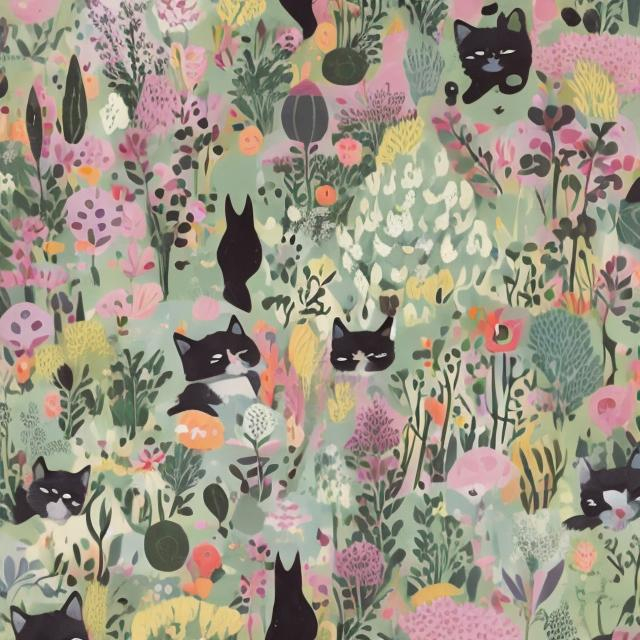 Prompt: Whimsy illustration with bold and muted colours of lush garden and a Black small kitten 