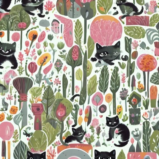 Prompt: Whimsy illustration with bold and muted colours of lush garden and a Black small kitten 