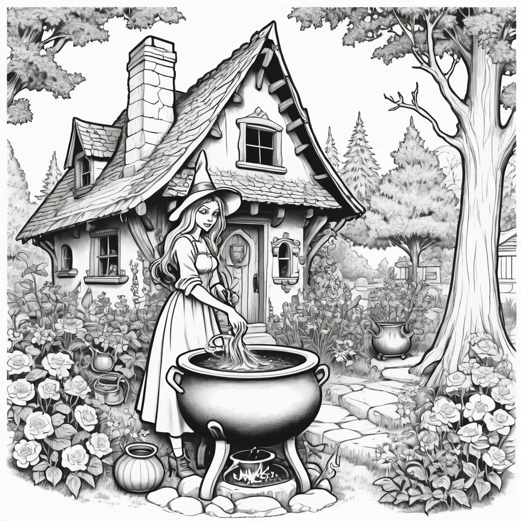 Prompt: coloring page, witch's cottage, beautiful witch stirring cauldron, surrounded by trees, flowers growing,