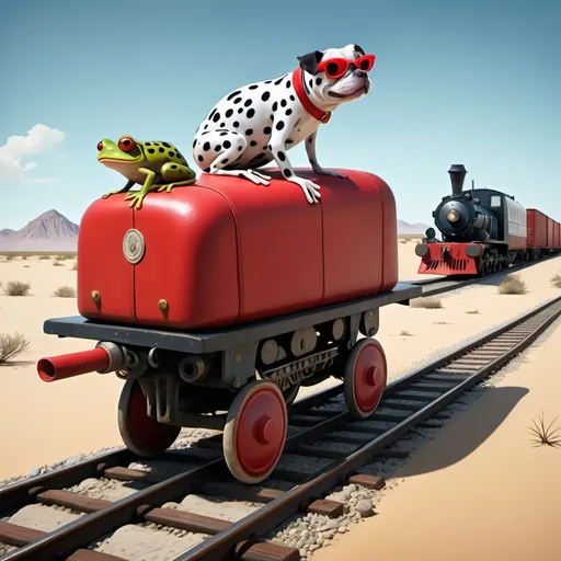 Prompt: A frog dressed in tails riding a Dalmatian with a red saddle in an oceanic desert where an old freight train passes by.