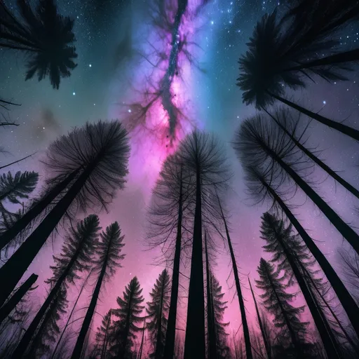 Prompt: A forest full of trees with a nebula sky background