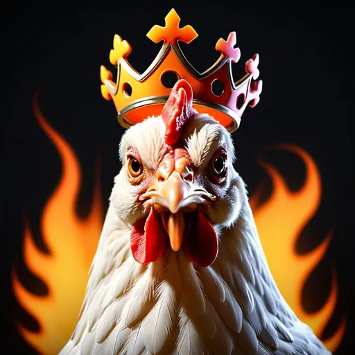 Prompt: make a chicken, crown on head, flames in the background, animated