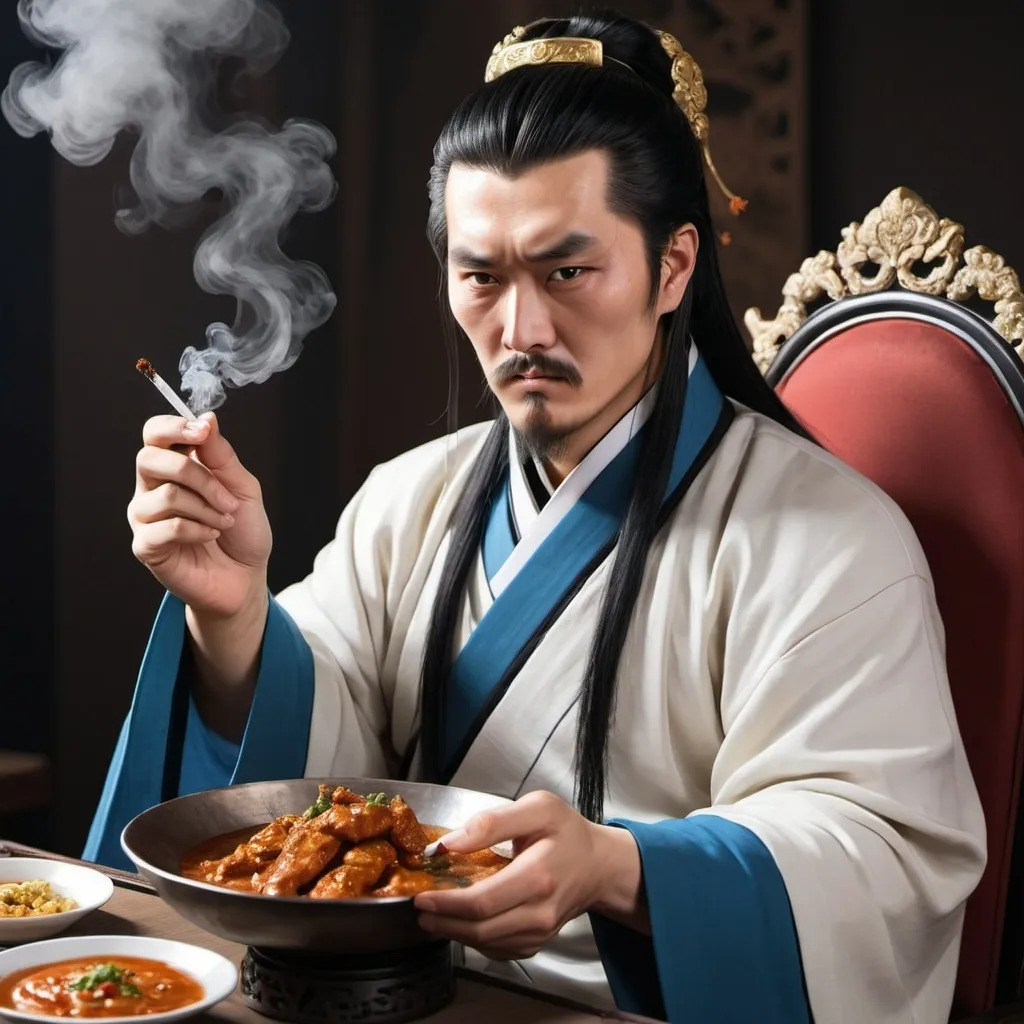 Prompt: Anime feel, Zhuge Liang (Famous person from the Chinese 3 Kingdoms Period) Eating chicken tikka masala and left hand holding cocaine right hand holding 2 cigarettes