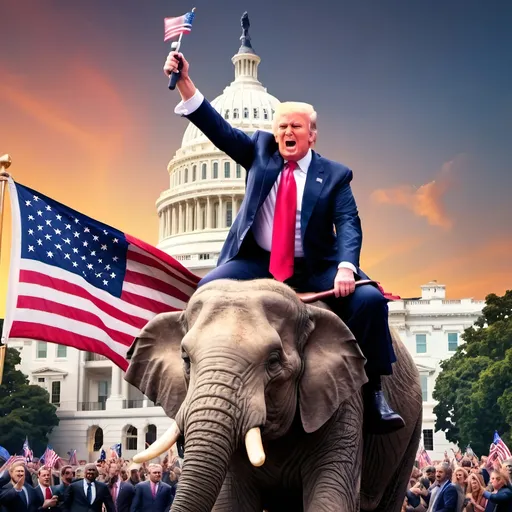 Prompt: Donald Trump on elephant riding triumphant, with American flag in hand, people around him and the Capitol Hill building behind them, cinematic, movie poster, shot on Canon