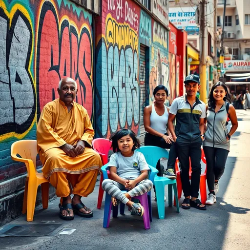 Prompt: Create a dynamic urban street scene with a diverse group of people from different backgrounds and ages. The setting is a colorful, graffiti-covered wall in a lively city neighborhood. There are five people in the scene, seated on vibrant, mismatched plastic chairs, each expressing a different personality. One man is dressed in traditional attire, sitting calmly in the center, exuding wisdom and calm. Beside him, a young woman in modern casual clothes leans confidently on the chair, radiating energy and strength. A child sits cross-legged with curiosity in her eyes, while two others stand nearby—one in athletic wear and the other in work attire, both adding a sense of movement and everyday life.

The background is full of artistic murals, blending bold colors like reds, yellows, and blues, representing the creativity and culture of the urban environment. The street is paved, with small shops and vendors in the distance, suggesting a bustling atmosphere. Natural sunlight casts soft shadows, highlighting the textures and depth of the scene, while maintaining the vibrant, raw energy of the city.