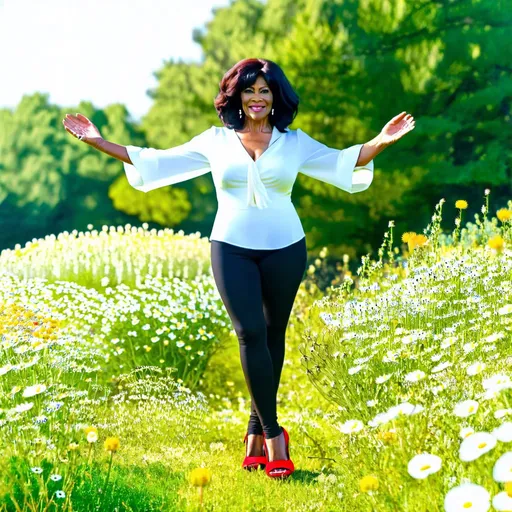 Prompt: A mature, beautiful woman stands confidently in a wildflower garden, her curvaceous figure accentuated by a form-fitting white blouse and sleek black leggings. Her thick, dark hair is swept back into a voluminous style, drawing attention to her soft, yet strong features. She is poised, with her arms outstretched, lightly touching the delicate flowers around her. Her bold, red open-toed heels stand out against the natural background, hinting at her unique sense of style, effortlessly blending elegance with casual charm. The scene is bathed in soft sunlight, highlighting the vibrant contrast between her polished appearance and the untamed beauty of the garden