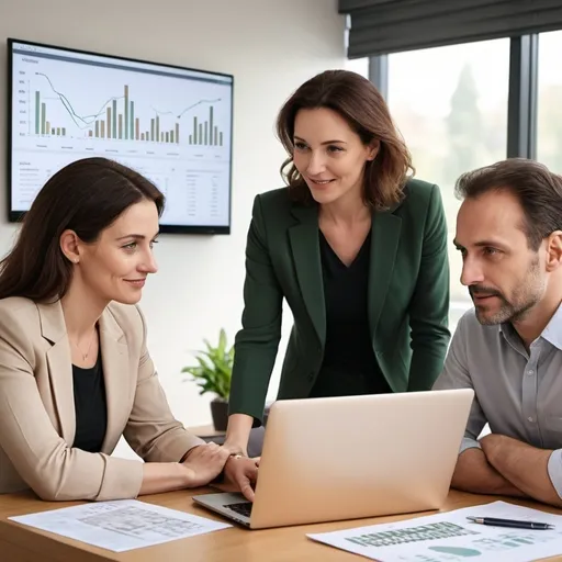 Prompt: A realistic image of a financial consultation. A couple in their 40s, a man and a woman, with fair skin sit across a desk from a female financial advisor, also with fair skin. On the desk are visible financial graphs and a laptop. The setting is a professional office environment with natural lighting. All wear casual
