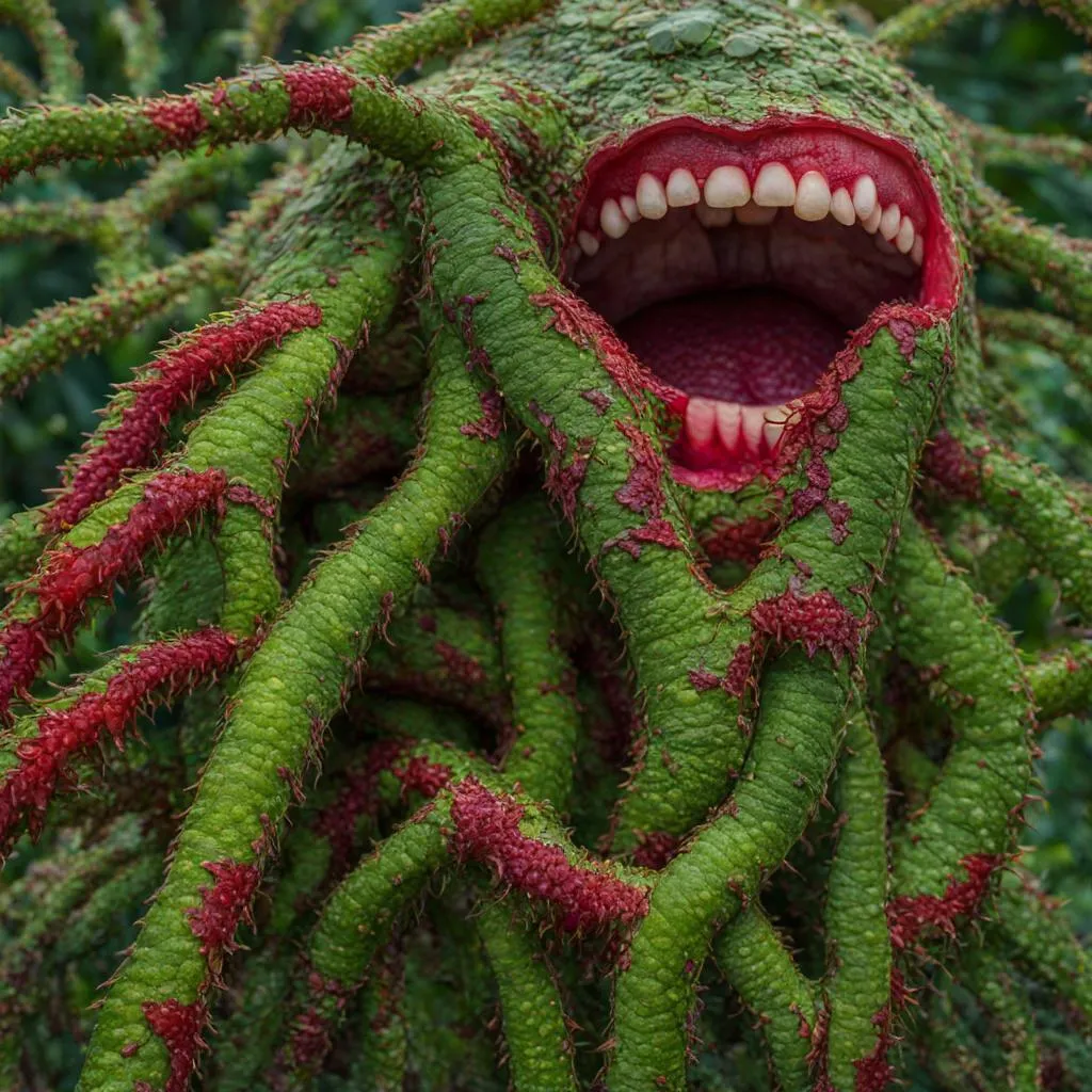 Prompt: Giant Plant with teeths able to consume human, large plant, have red and gree colors to camoflague, Genetically mutated, stalk of the plan is fat and to the ground is some sort of place to collect food 