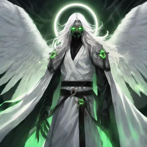 Prompt: Angel Seraphin, 6 angel wings, white long hair, Male, white religion clothing, glowing halo, glowing on green eyes, White robes, behind is sort of a lab, angel wearing a scary black mask looking like owl mask, angel have scary  and serious apperance