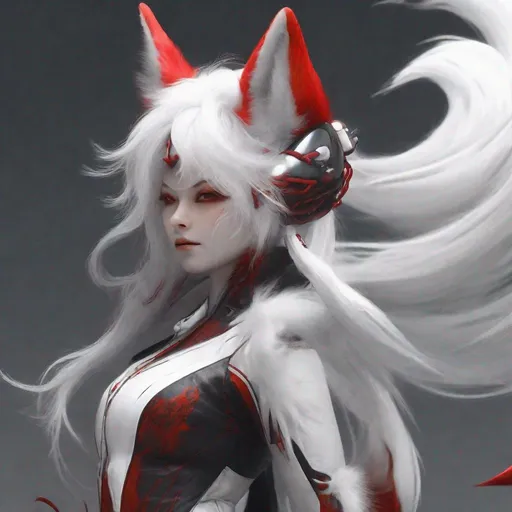 Prompt: One humanoid, Half-fox half-human, has a fox tail and fox ears, long white hairs with red shadings at the end, black red and white outfit, have small demonic elements, white hairs, and white skin, full body beautiful and tight worship clothings, Highly detailed face, close-up shot, full body shot, epic cinematic shot, professional digital art, high-end digital art, singular, realistic, DeviantArt, art station, Furaffinity, 8k HD render, epic lighting, depth of field
