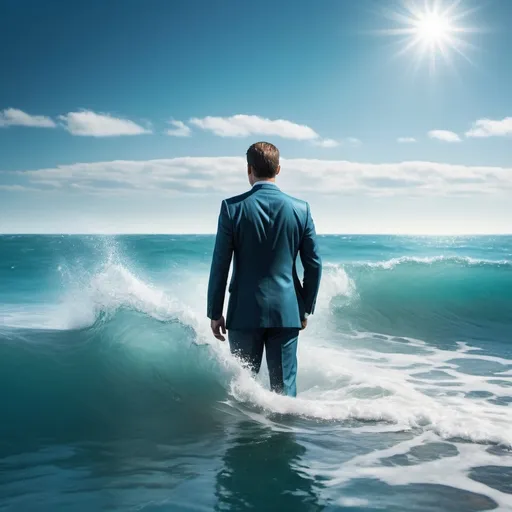 Prompt: man in a business suit in an ocean 
