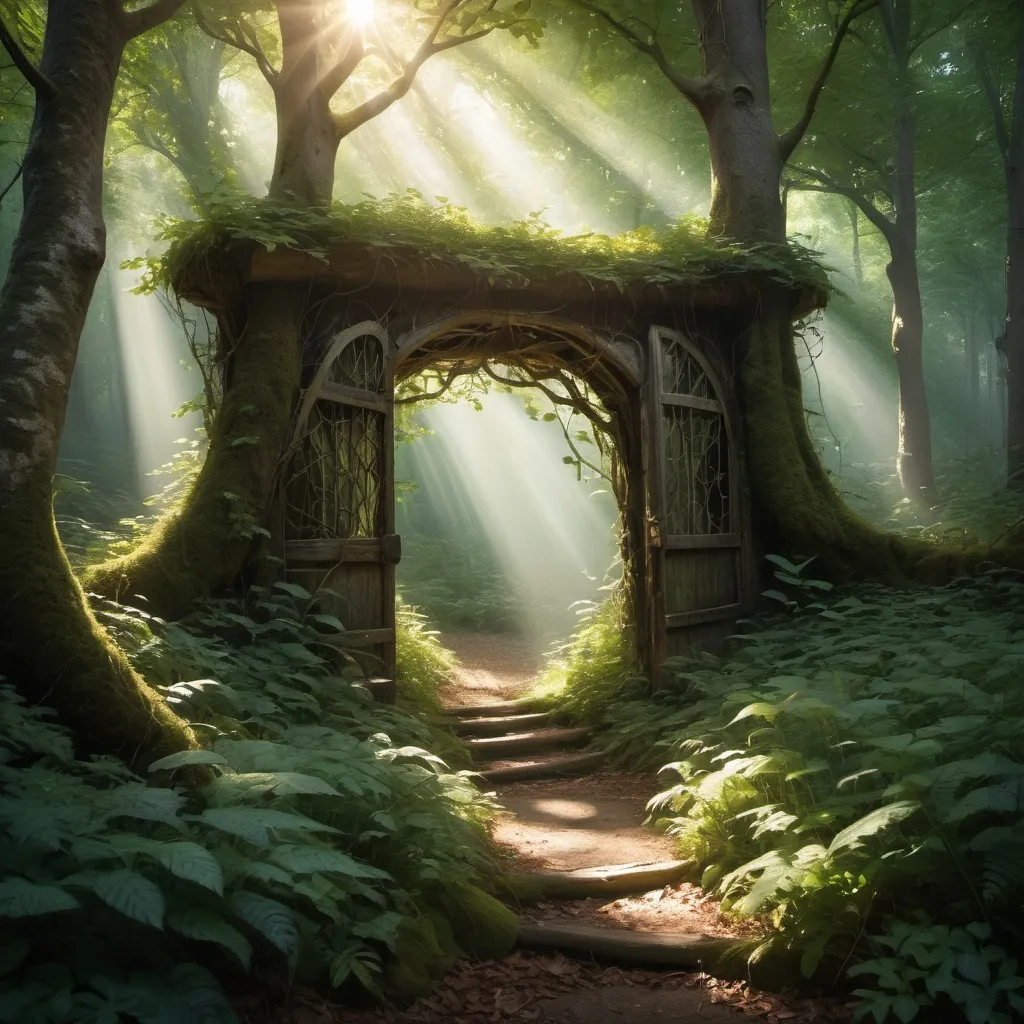 Prompt: An enchanting forest scene with a hidden entrance partially obscured by overgrown foliage. Sunlight filters through the leaves, casting dappled shadows on the forest floor.