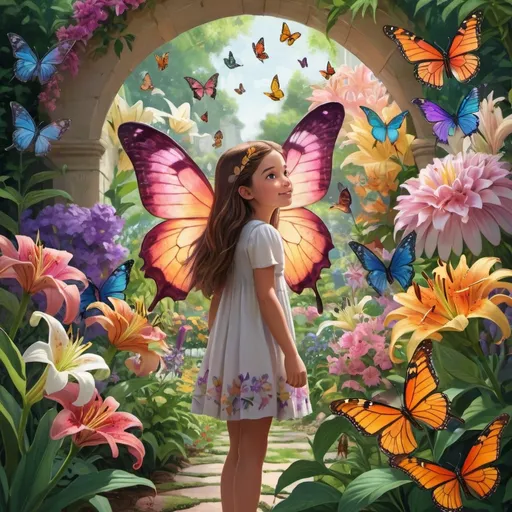 Prompt: Lily stands in awe amidst a lush garden filled with towering flowers of every shape and color. Butterflies of all sizes flutter around her, their wings aglow with iridescence.