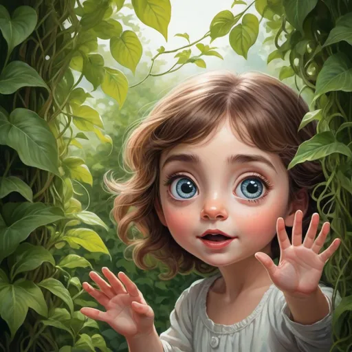 Prompt: Lily, wide-eyed with excitement, peers through the foliage, her hand reaching out to push aside the vines and reveal the hidden entrance.
