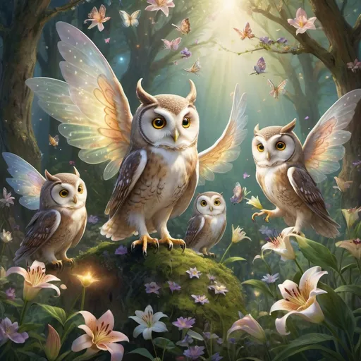 Prompt: Lily encounters a group of playful fairies dancing among the flowers, their wings shimmering with ethereal light. Wise old owls watch from above, their piercing eyes reflecting the wisdom of ages.