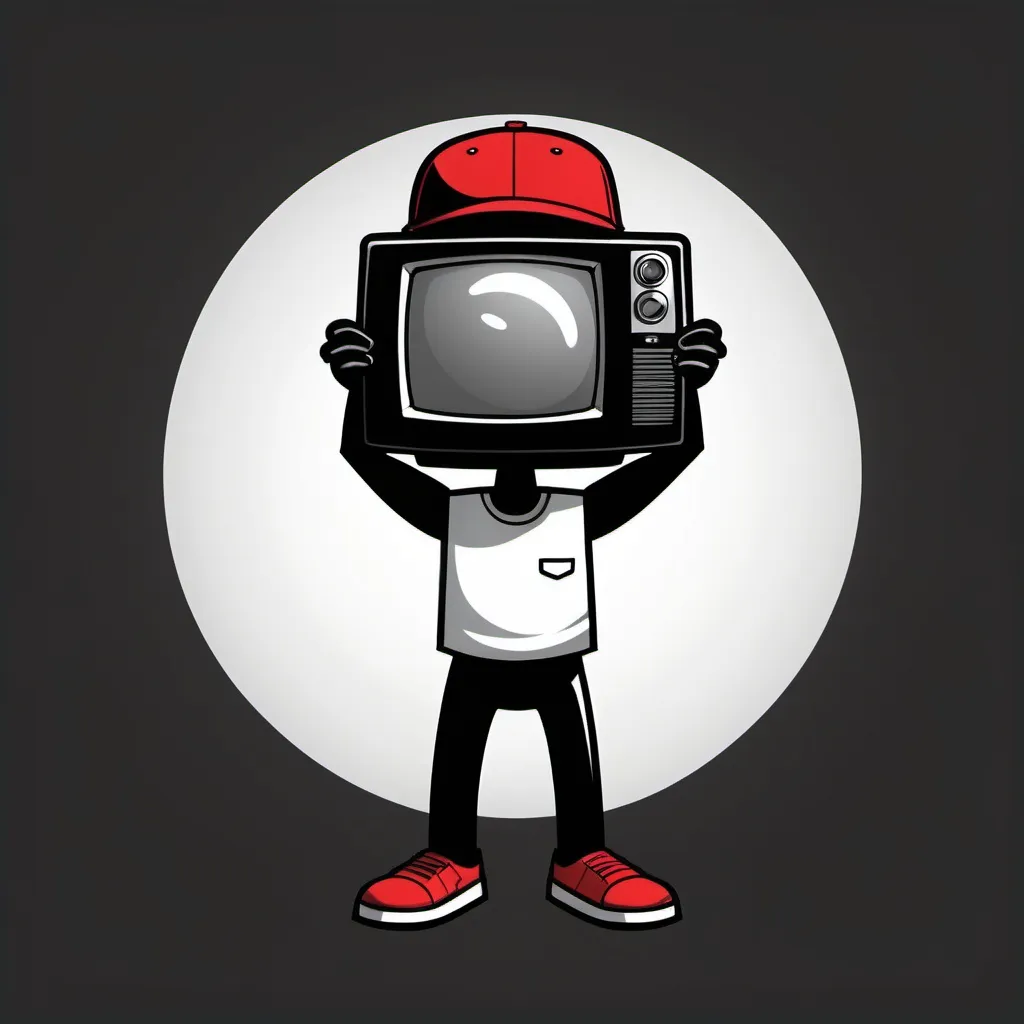 Prompt: Can you create me a logo that looks similar to a small television? This will be a 2D image with arms and legs similar to a medium built man. Solid black in color, only shading. Holding a video camera. The character will have TV antennas. He will be wearing a red and white baseball cap.
