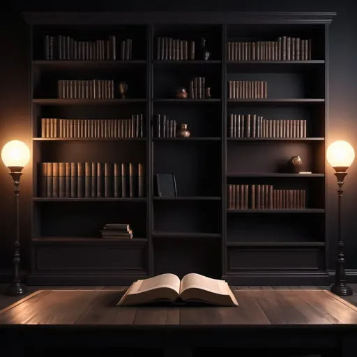 Prompt: Background for video with dark color having book shelf and light 