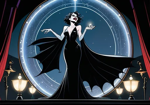 Prompt: Comics illustration by Jamie Hewlett, On a dazzling stage, a vampire captivates the audience from an elevated circular platform adorned with shimmering strands of light. Dressed elegantly in a flowing black gown that complements her dramatic presence, she stands with one arm raised, microphone in hand, exuding confidence and passion. The backdrop sparkles with fairy-tale lights, enhancing the enchanting atmosphere as the scene bathed in warm, golden hues contrasts with her striking outfit.  By Jamie Hewlett. 