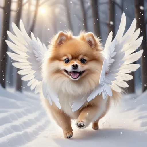 Prompt: Pomeranian dog with wings running through the snow, digital painting, fluffy white fur, delicate wings, snowy landscape, magical realism, high quality, ethereal, whimsical, winter wonderland, detailed eyes, angelic, mystical lighting 