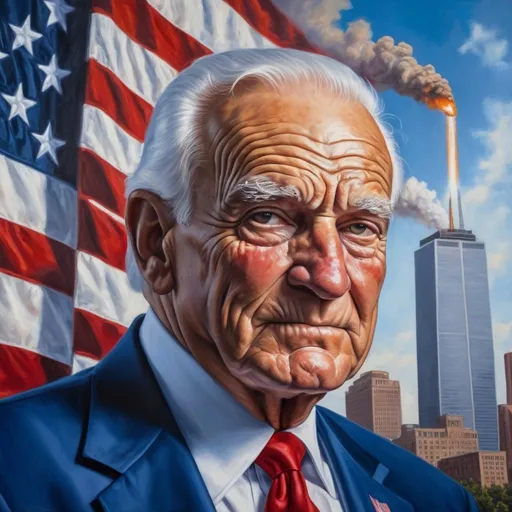 Prompt: American hero Sam Walton, honoring the troops, freedom symbol, twin towers burning, jesus christ, capitalism tribute, 'Never Forget' 9/11 tribute, Walmart tribute, President Trump tribute, realistic oil painting, detailed facial features, vibrant red, white, and blue, strong lighting and shadows, high-quality, patriotic theme, detailed textures, intricate brushwork, historical significance, emotional impact