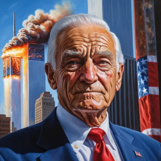 Prompt: American hero Sam Walton, honoring the troops, freedom symbol, twin towers burning, jesus christ, september 11th, capitalism tribute, 'Never Forget' 9/11 tribute, Walmart tribute, President Trump tribute, realistic oil painting, detailed facial features, vibrant red, white, and blue, strong lighting and shadows, high-quality, patriotic theme, detailed textures, intricate brushwork, historical significance, emotional impact