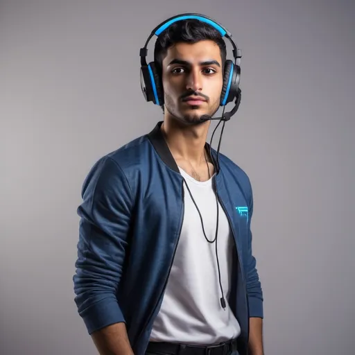 Prompt: (dynamic arab gamer, focused expression, wearing sleek gaming headset and stylish casual attire, cozy gaming environment, vibrant LED lighting, intense colors creating an energetic atmosphere, modern gaming setup with dual monitors, ambient glow, immersive gaming scene, high detail, 4K, ultra-detailed)