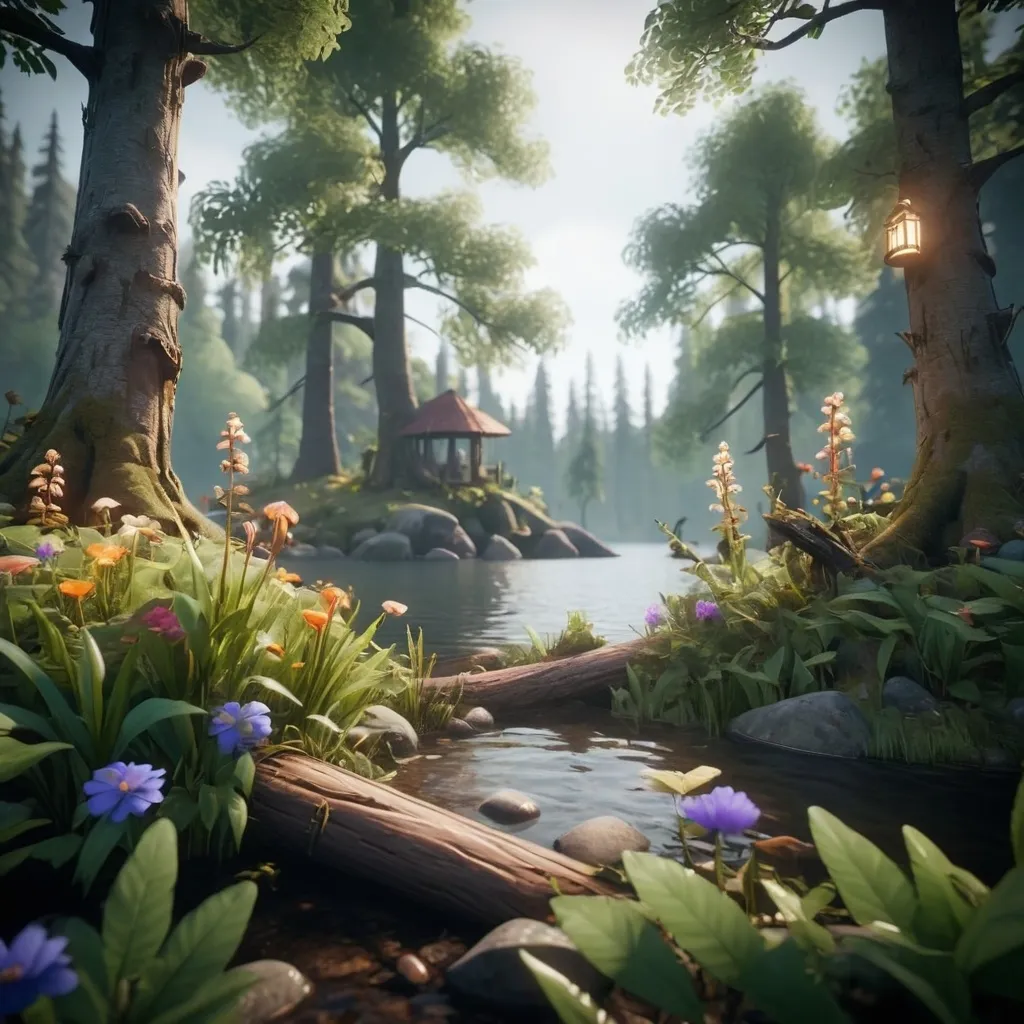 Prompt: a mysterious forest next to a lake, high quality, unreal engine. Make it as Charmin as you can. Best lightings, flowers... and everything 