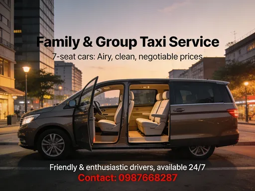 Prompt: Bạn đang cần một chuyến xe rộng rãi cho cả gia đình hay nhóm bạn? Bạn muốn tìm một dịch vụ taxi giá cả phải chăng, tài xế lại thân thiện, nhiệt tình? Đừng lo, đã có chúng tôi ở đây! Với dòng xe 7 chỗ thoáng mát, sạch sẽ, giá cả thỏa thuận, chúng tôi luôn sẵn sàng phục vụ bạn mọi lúc, mọi nơi, dù là ngày hay đêm, a lô là có xe đón. Điện thoại liên hệ 0987668287 gọi là có.