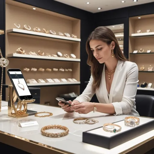 Prompt: a retail assistant is sitting at a desk opposite a customer in a high-end jewellery store. She is working on a mobile phone application. there are a few jewellery items on the table. Realistic, POV: aerial, sophisticated, clean ,  