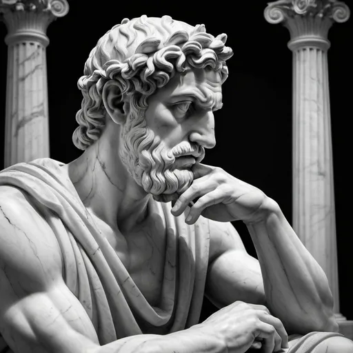 Prompt: Greek man statue, deep in thought, with hands covring his eyes, marble sculpture, intricate details, high quality, realistic, classical, thoughtful expression, white marble, serene lighting, wide angle,black and white, dark mode, 