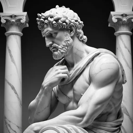 Prompt: Greek man statue, deep in thought, marble sculpture, intricate details, high quality, realistic, classical, thoughtful expression, white marble, serene lighting, wide angle,black and white