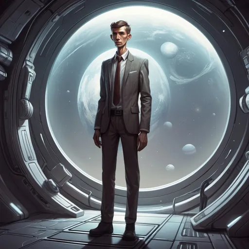 Prompt: draw a man who is tall, skinny, clumsy, space science fiction setting